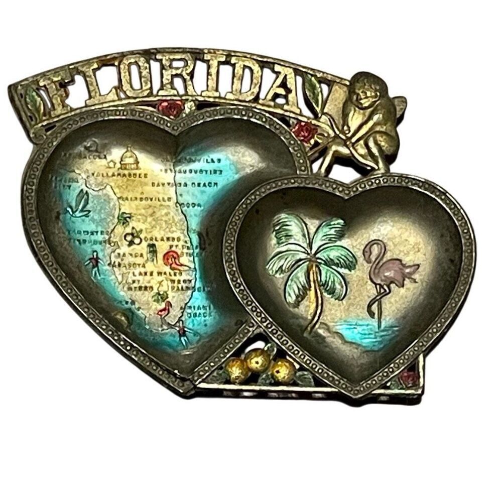 Vintage Florida Metal Double Hearts Ashtray 1960’s Collectible 4”T x 5”W